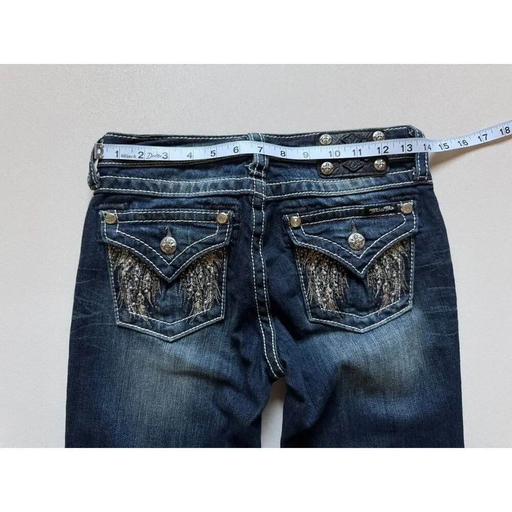Miss Me Dark Blue Mid-Rise Angel Wing Flap Pocket Bootcut Jeans 16 Girls'/Youth